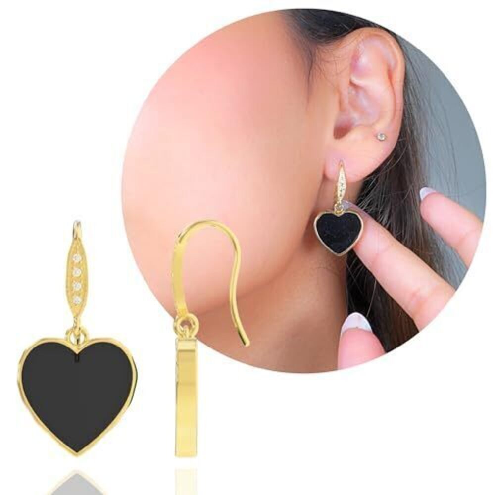 3677 Black Onyx Earrings in Heart Shape - 18K Gold Plated, Certified 925